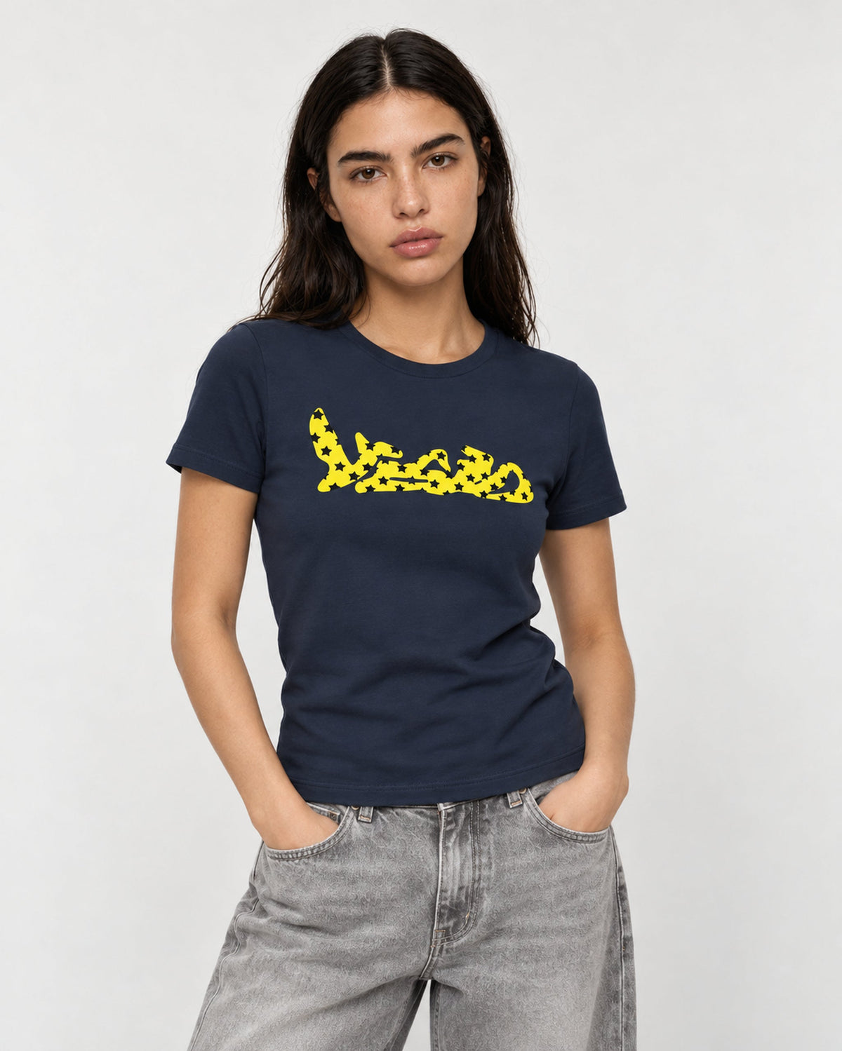 Inar Tag Baby Tee Navy Yellow