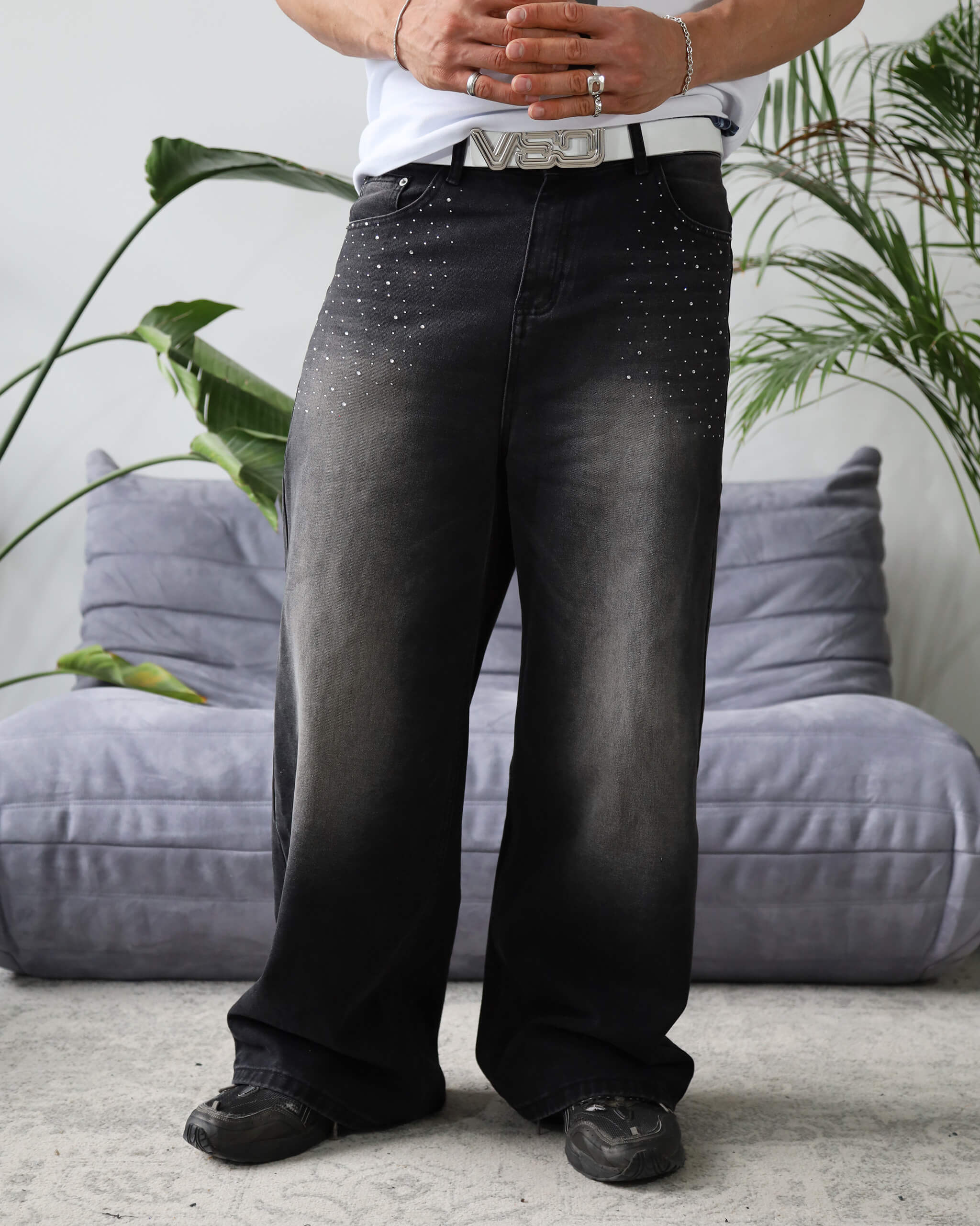 RHINESTONE DENIM WASHED BLACK